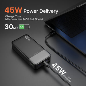 J2621 Power Bank Portable Charger,20000mAh 45W PD QC 3.0 Fast Charging Battery Pack,with LED Display,2 USB-C,2 USB-A for iPhone 15 14 13,Tablet, MacBook, Galaxy, iPad, Black