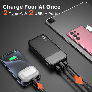 J2621 Power Bank Portable Charger,20000mAh 45W PD QC 3.0 Fast Charging Battery Pack,with LED Display,2 USB-C,2 USB-A for iPhone 15 14 13,Tablet, MacBook, Galaxy, iPad, Black